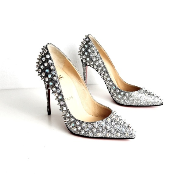 New CHRISTIAN LOUBOUTIN Nappa Mica Follies Spikes 100 Pumps Silver - Picture 2 of 10